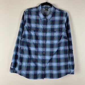 Eddie Bauer Shirt Womens L Blue Plaid Button Shirt Vented Outdoor Poly Nylon